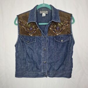Vintage Stonebridge Denim Western Vest Womens XL Embroidered Faux Suede Studded